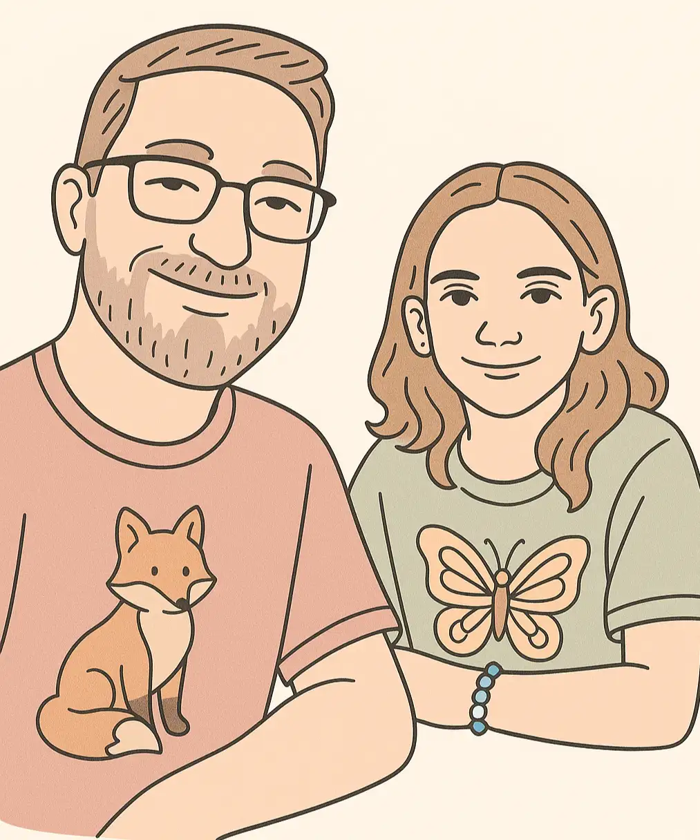 Illustrated portrait of Color Me Club founders - father and daughter